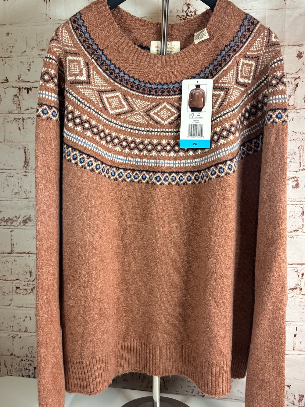 Weatherproof Men's Rust Fair Isle Crewneck Sweater with Blue & Cream Accents